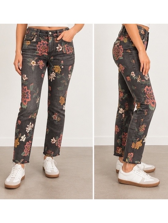 7 For All Mankind Denim - 7 For All Mankind Floral Skinny Jeans 25 Black Raw Hem Boho